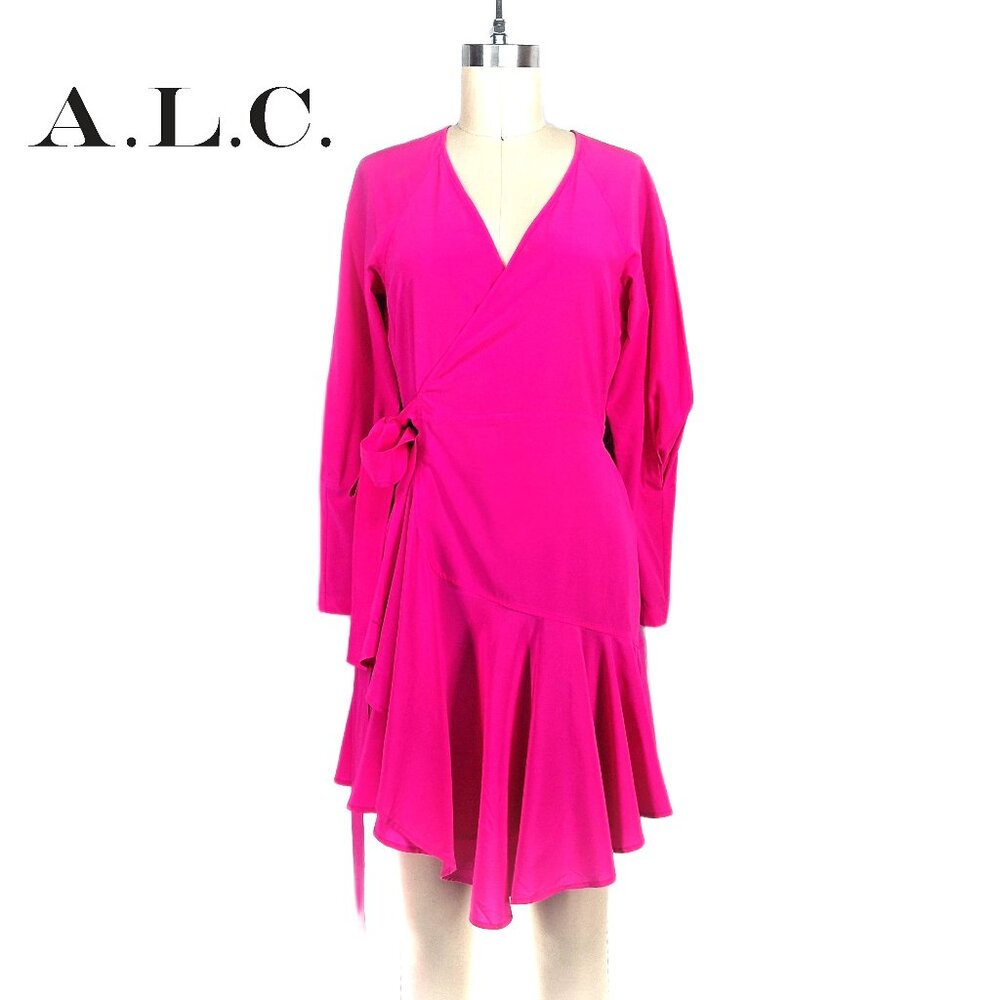 A.L.C. Women's Dress Pink Mini Enzo Silk Wrap Surplice V Neck Designer Size 0 - Picture 2 of 10